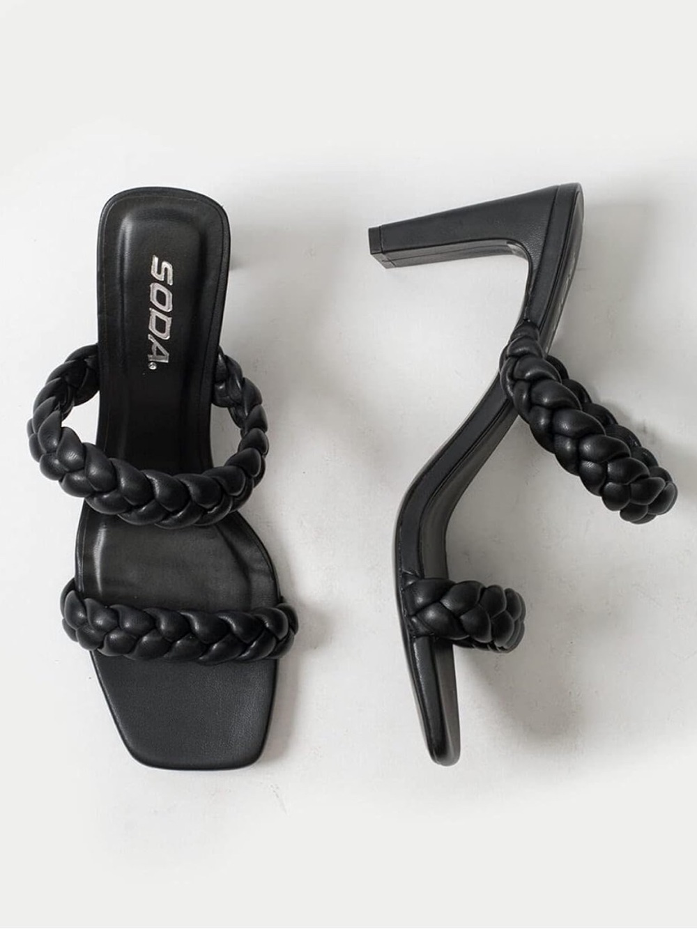 Soda Black Braided Double-Strap Block Heel Sandal